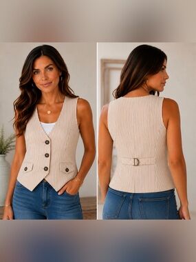 Route 66 Clothing Co. Brown Ivory Pinstripe Button Front Vest Size L Adjustable